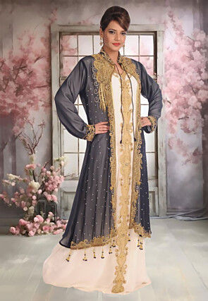 Hand Embroidered Georgette Moroccan Abaya in Cream