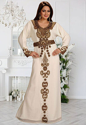 Hand Embroidered Georgette Moroccan Abaya in Cream