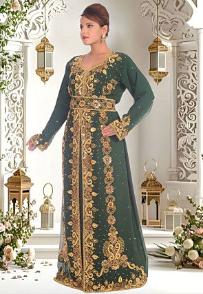 Hand Embroidered Georgette Moroccan Abaya in Dark Green