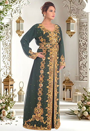 Hand Embroidered Georgette Moroccan Abaya in Dark Green
