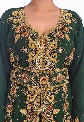 Hand Embroidered Georgette Moroccan Abaya in Dark Green
