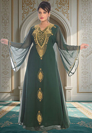 Hand Embroidered Georgette Moroccan Abaya in Dark Green