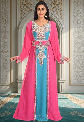 Hand Embroidered Georgette Moroccan Abaya in Light Blue