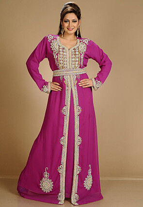 Hand Embroidered Georgette Moroccan Abaya in Magenta