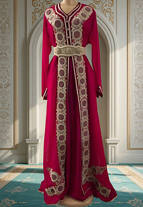 Hand Embroidered Georgette Moroccan Abaya in Magenta