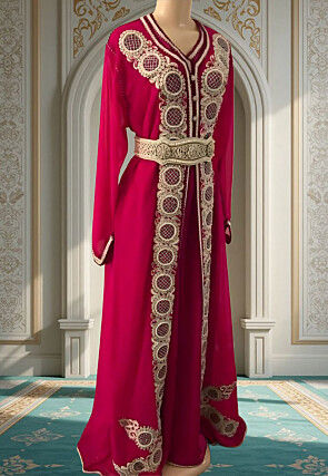 Hand Embroidered Georgette Moroccan Abaya in Magenta