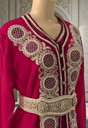 Hand Embroidered Georgette Moroccan Abaya in Magenta