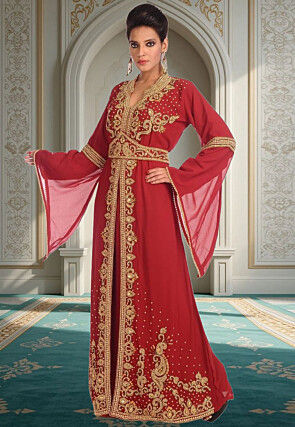 Hand Embroidered Georgette Moroccan Abaya in Maroon