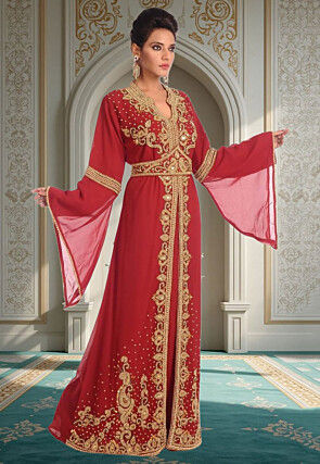 Hand Embroidered Georgette Moroccan Abaya in Maroon