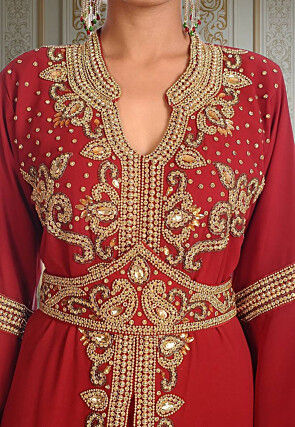 Hand Embroidered Georgette Moroccan Abaya in Maroon