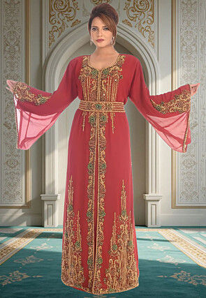 Hand Embroidered Georgette Moroccan Abaya in Maroon