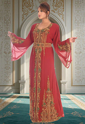 Hand Embroidered Georgette Moroccan Abaya in Maroon