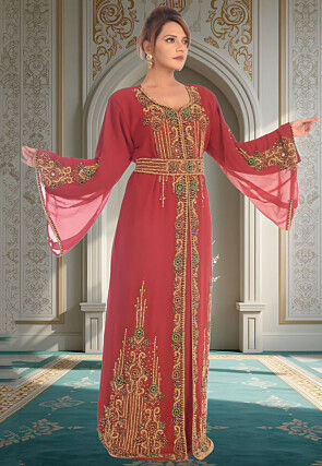 Hand Embroidered Georgette Moroccan Abaya in Maroon