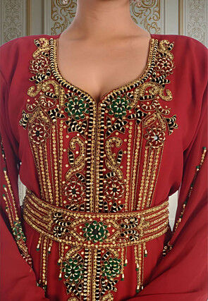 Hand Embroidered Georgette Moroccan Abaya in Maroon