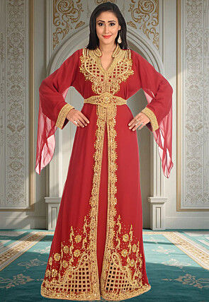 Hand Embroidered Georgette Moroccan Abaya in Maroon