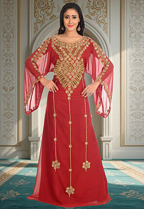 Hand Embroidered Georgette Moroccan Abaya in Maroon