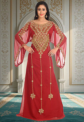 Hand Embroidered Georgette Moroccan Abaya in Maroon