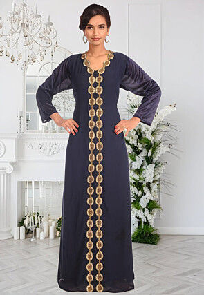 Hand Embroidered Georgette Moroccan Abaya in Navy Blue