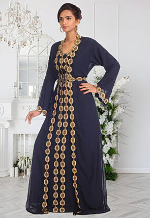 Hand Embroidered Georgette Moroccan Abaya in Navy Blue
