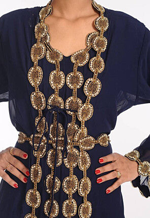 Hand Embroidered Georgette Moroccan Abaya in Navy Blue