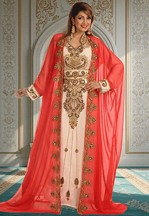 Hand Embroidered Georgette Moroccan Abaya in Off White