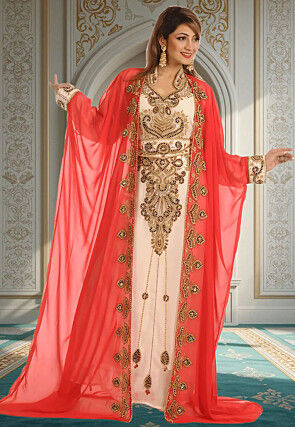Hand Embroidered Georgette Moroccan Abaya in Off White