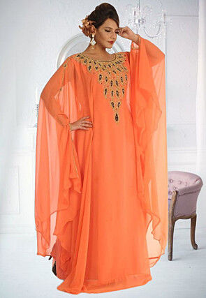 Hand Embroidered Georgette Moroccan Abaya in Orange