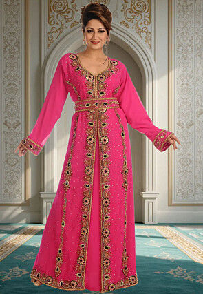 Hand Embroidered Georgette Moroccan Abaya in Pink