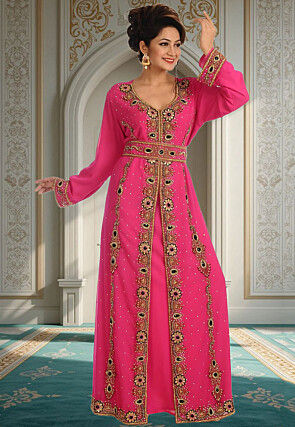 Hand Embroidered Georgette Moroccan Abaya in Pink