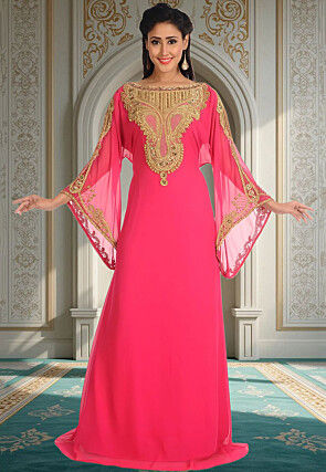 Hand Embroidered Georgette Moroccan Abaya in Pink