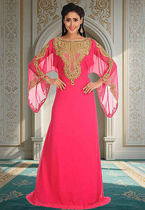 Hand Embroidered Georgette Moroccan Abaya in Pink