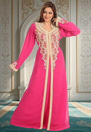 Hand Embroidered Georgette Moroccan Abaya in Pink