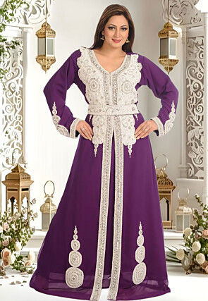 Hand Embroidered Georgette Moroccan Abaya in Purple