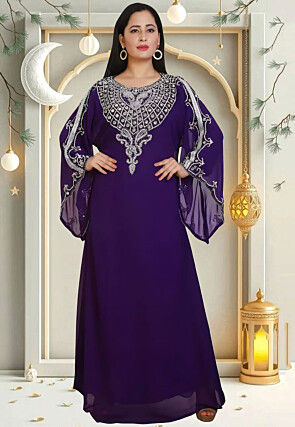 Hand Embroidered Georgette Moroccan Abaya in Purple