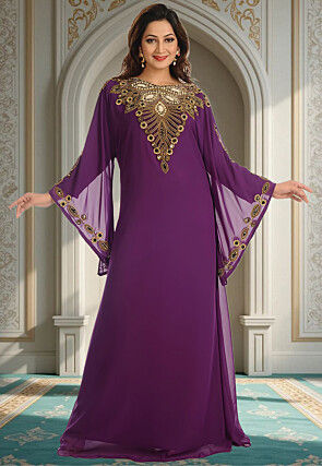 Hand Embroidered Georgette Moroccan Abaya in Purple