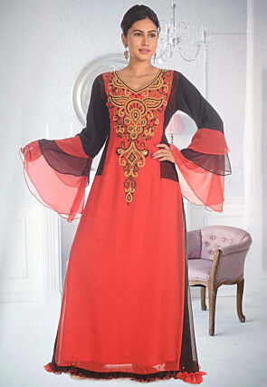 Hand Embroidered Georgette Moroccan Abaya in Red and Black