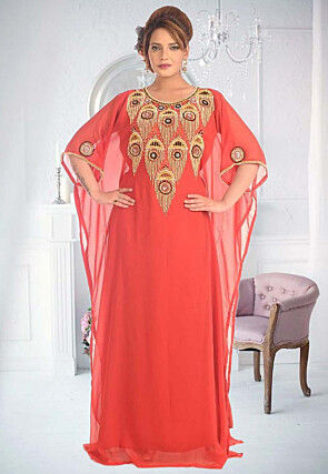 Hand Embroidered Georgette Moroccan Abaya in Red