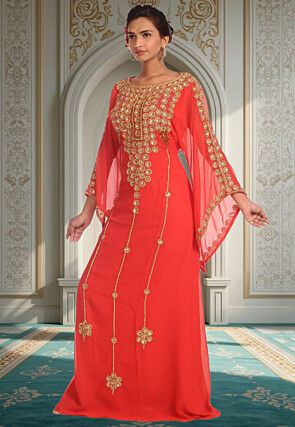 Hand Embroidered Georgette Moroccan Abaya in Red