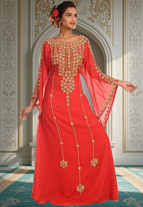 Hand Embroidered Georgette Moroccan Abaya in Red