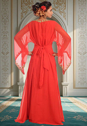 Hand Embroidered Georgette Moroccan Abaya in Red