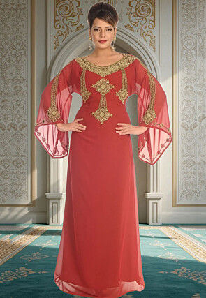 Hand Embroidered Georgette Moroccan Abaya in Red
