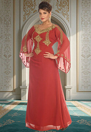 Hand Embroidered Georgette Moroccan Abaya in Red