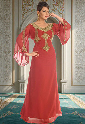 Hand Embroidered Georgette Moroccan Abaya in Red