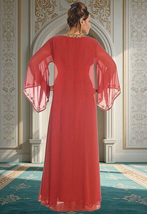 Hand Embroidered Georgette Moroccan Abaya in Red