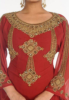 Hand Embroidered Georgette Moroccan Abaya in Red