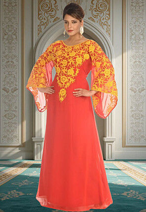 Hand Embroidered Georgette Moroccan Abaya in Red