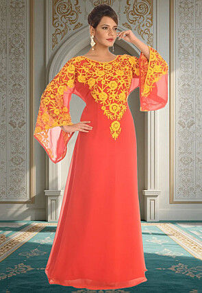 Hand Embroidered Georgette Moroccan Abaya in Red