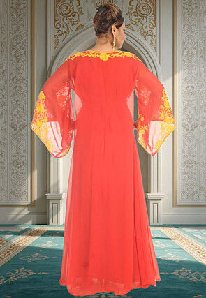 Hand Embroidered Georgette Moroccan Abaya in Red