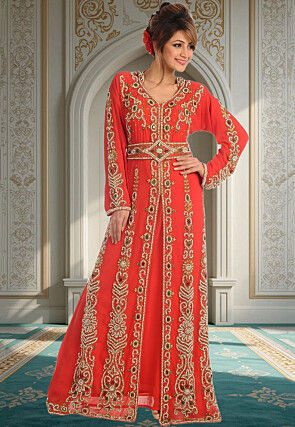 Hand Embroidered Georgette Moroccan Abaya in Red