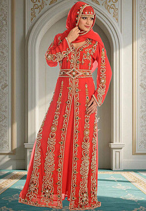 Hand Embroidered Georgette Moroccan Abaya in Red